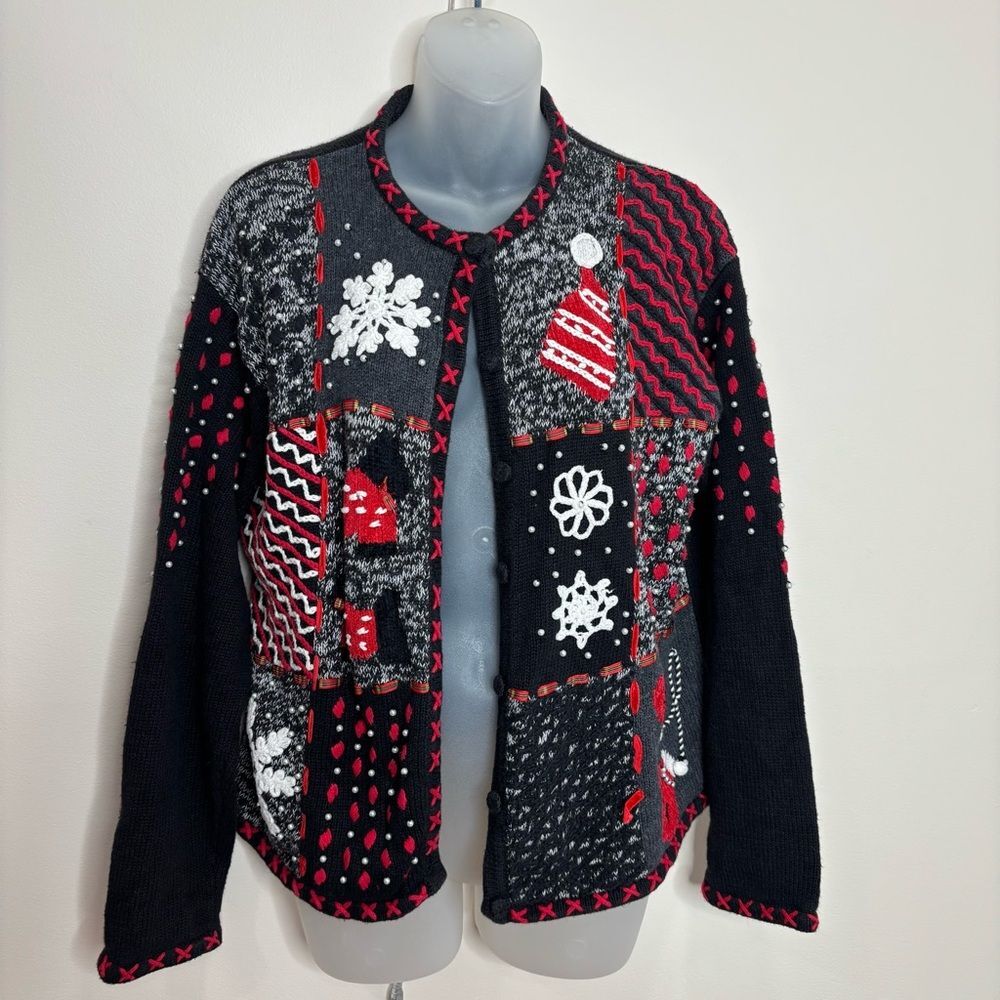 Vintage 90s Embroidered beaded Holiday Sweater Cardigan Black patchwork Large